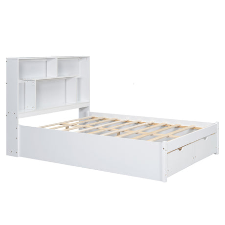 Full Size Platform Bed with Storage Headboard and 2 Drawers, White - V.I.P Digital Presence