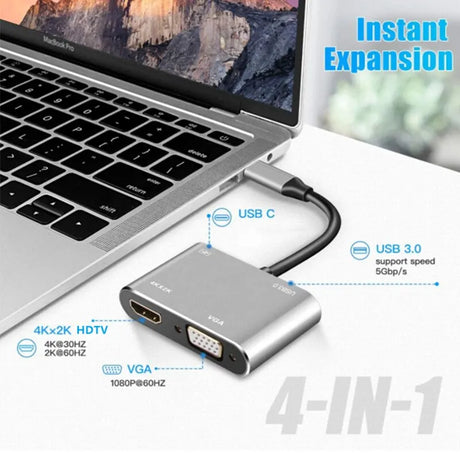 USB C Hub 4 in 1 Type C 3.0 Adapter to 4K HDMI VGA PD Fast Charge Splitter Docking Station Hub for Phone MacBook Laptop Computer - V.I.P Digital Presence