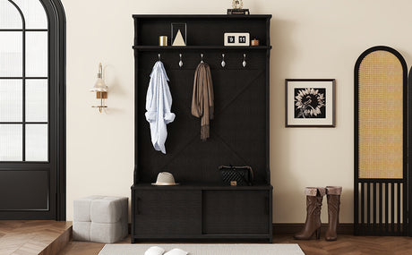 Hall tree with roof rack and storage platform, corridor shoe cabinet with sliding door, clothes hanger with 5 hooks black - V.I.P Digital Presence