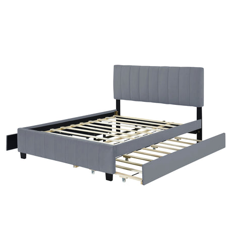 Queen Size Velvet Upholstered Platform Bed with 2 Drawers and 1 Twin XL Trundle- Gray - V.I.P Digital Presence