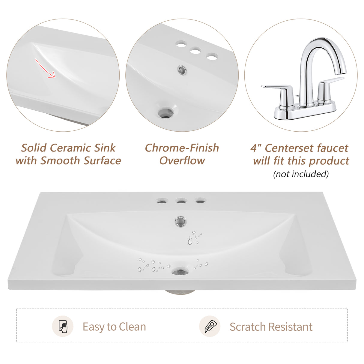 30" Single Bathroom Vanity Top with White Basin  3-Faucet Holes  Ceramic White - V.I.P Digital Presence