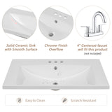 30" Single Bathroom Vanity Top with White Basin  3-Faucet Holes  Ceramic White - V.I.P Digital Presence