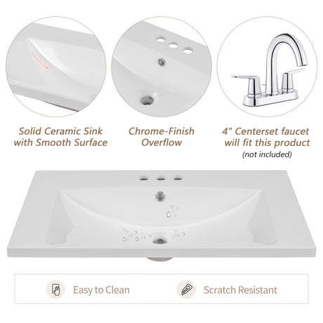 30" Single Bathroom Vanity Top with White Basin  3-Faucet Holes  Ceramic White - V.I.P Digital Presence