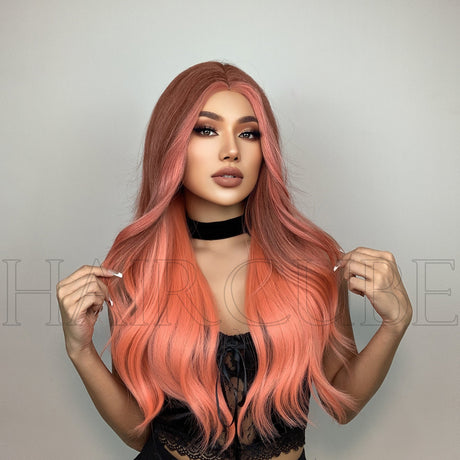 Long Curly Hair 24inch Women's Wig Set In The Middle Part Orange Pink - V.I.P Digital Presence