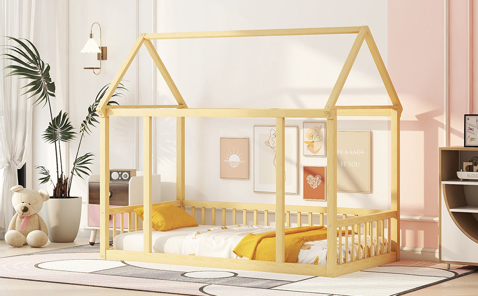 Twin Size Floor Wooden Bed with House Roof Frame and Safety Guardrails,Natural - V.I.P Digital Presence