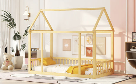 Twin Size Floor Wooden Bed with House Roof Frame and Safety Guardrails,Natural - V.I.P Digital Presence