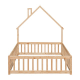 Full House-Shaped Headboard Floor Bed with Fence Natural - V.I.P Digital Presence