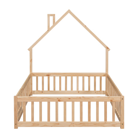 Full House-Shaped Headboard Floor Bed with Fence Natural - V.I.P Digital Presence