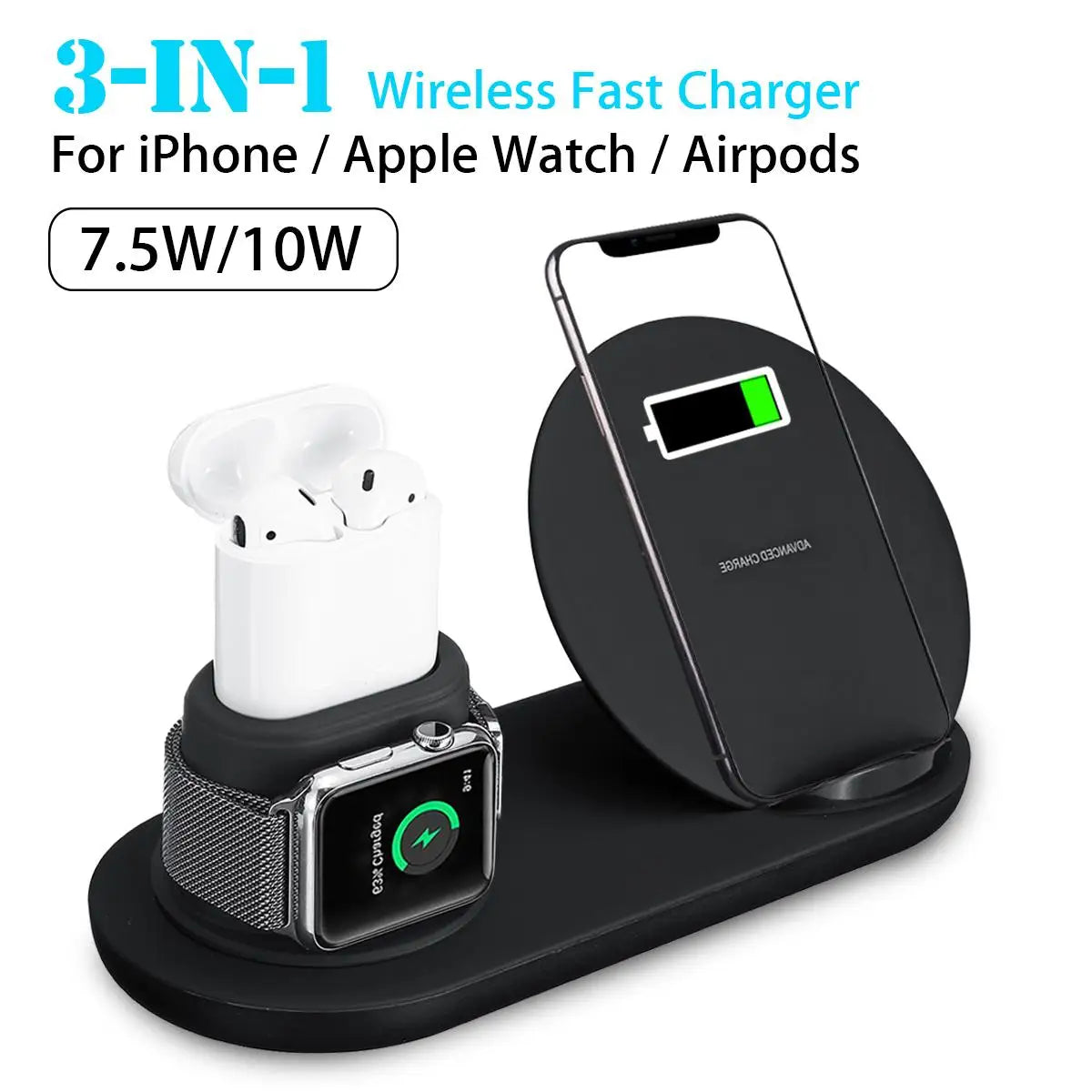 Estación de carga inalámbrica Qi 3 en 1 de 10 W, carga rápida para Apple Watch 1, 2, 3 y 4, iPhone XR, XS Max, Samsung S9 y AirPods.