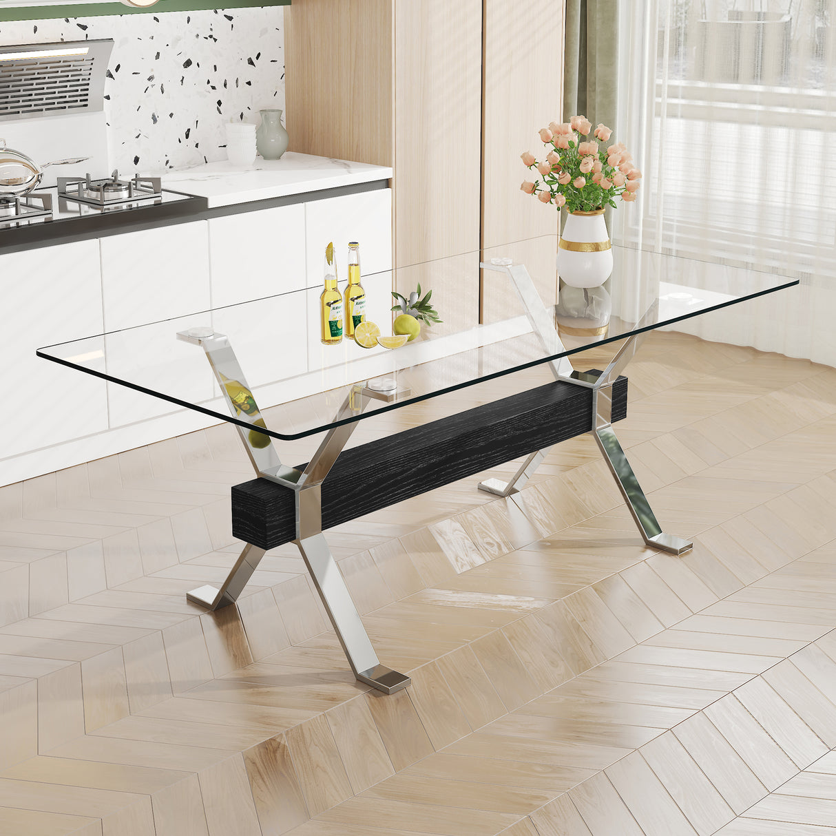 Dining table Modern tempered glass dining table Large modern office desk with silver plated metal legs and MDF crossbars - V.I.P Digital Presence