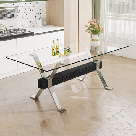 Dining table Modern tempered glass dining table Large modern office desk with silver plated metal legs and MDF crossbars - V.I.P Digital Presence