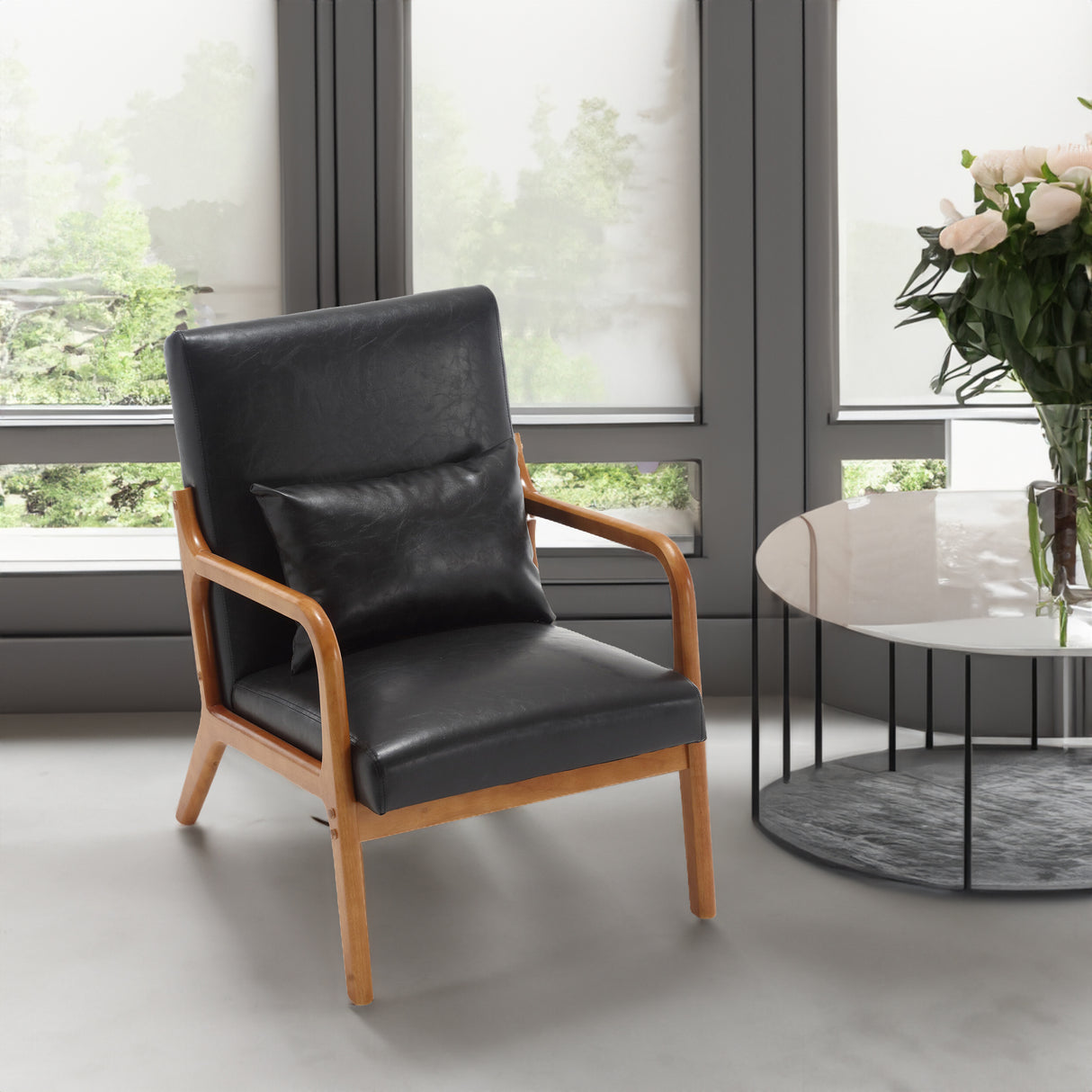 COOLMORE modern style chair, solid wood cushion lounge armchair with a pillow (black PU) - V.I.P Digital Presence