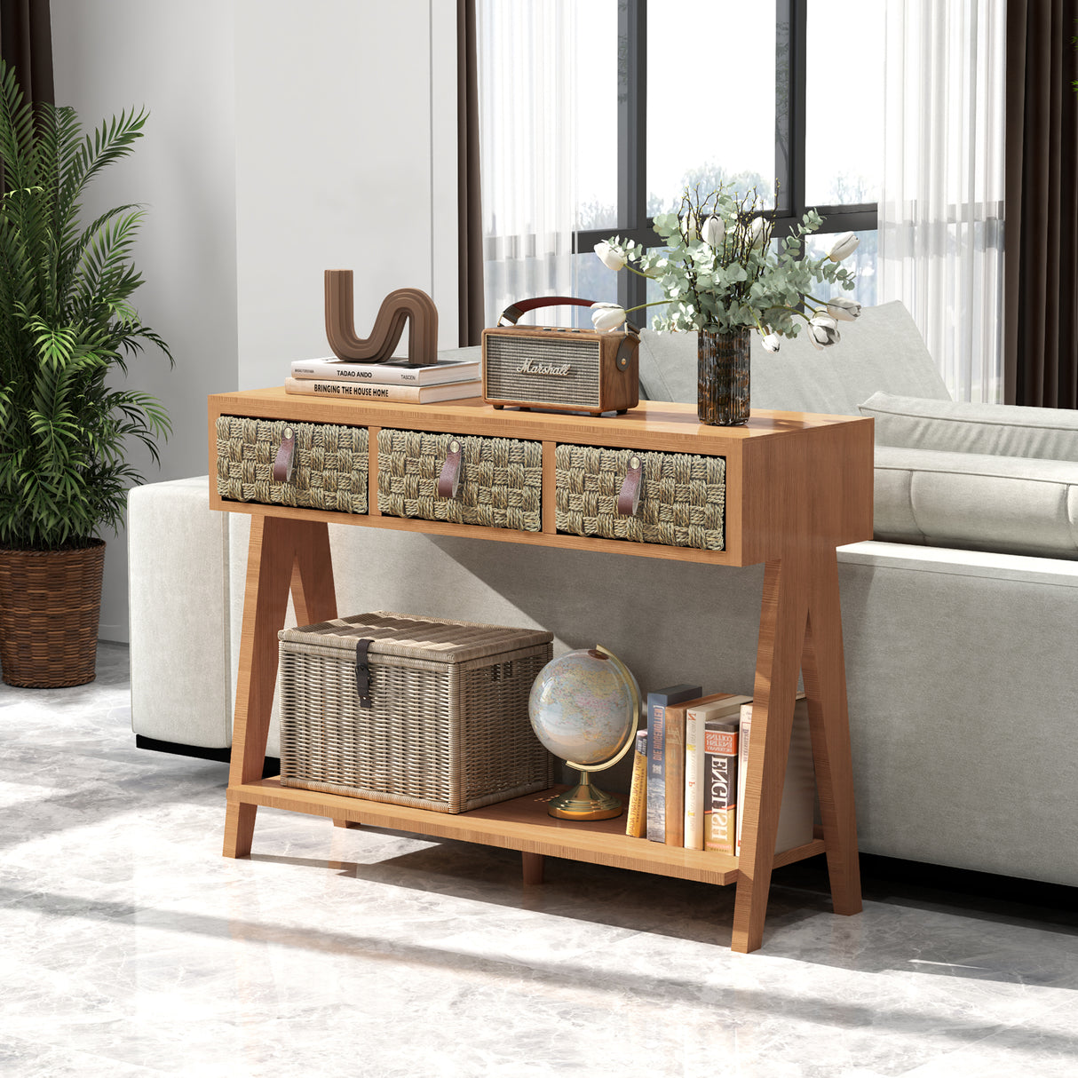 Medieval modern console table with entrance storage space, multifunctional entrance table with 3 drawers, open storage rack - V.I.P Digital Presence