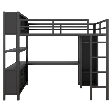 Metal loft bed with wardrobe and L-shaped desk, full-size loft bed with storage cabinet and shelf, heavy-duty loft bed, black - V.I.P Digital Presence