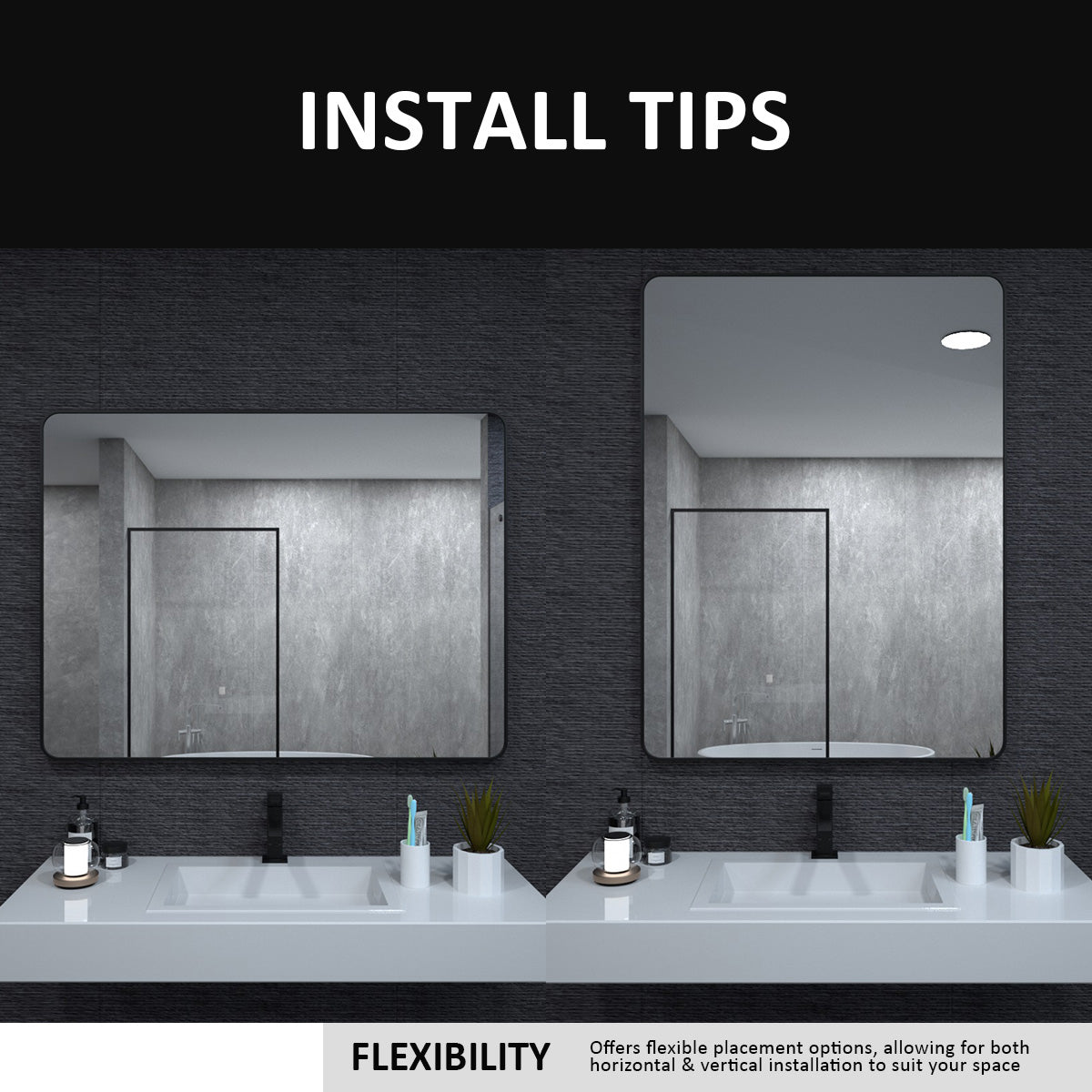 24x36 inch aluminum frame round rectangular bathroom wall mirror, matte black rust proof, tempered glass mirror - V.I.P Digital Presence