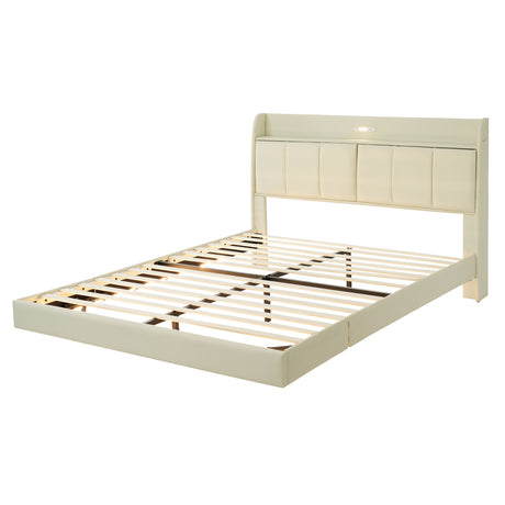 Large floating bed frame with storage headboard, touch sensor, night light and USB charger, padded platform bed, beige color - V.I.P Digital Presence