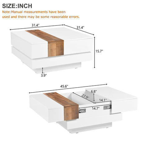 ON-TRANS 31.4 inches x 31.4 inches with sliding tabletop, high gloss center table, hidden storage room white - V.I.P Digital Presence
