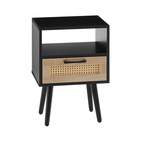 15.75" Rattan End table with drawer and solid wood legs Modern nightstand side table for living room black - V.I.P Digital Presence