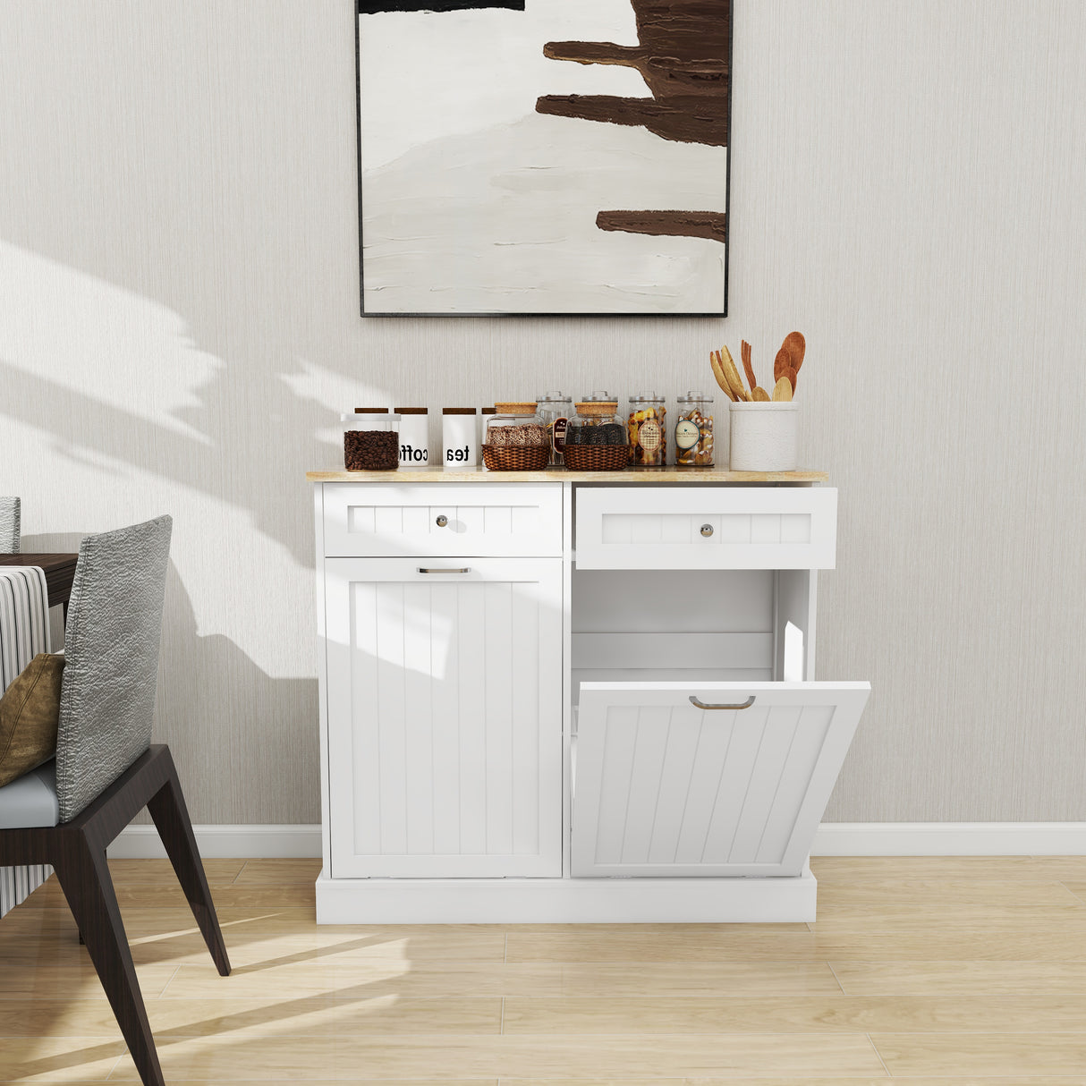 Two Drawers and Two-Compartment Tilt-Out Trash Cabinet Kitchen Trash Cabinet-White - V.I.P Digital Presence