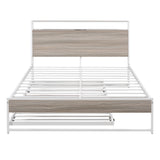 Full Size Metal Platform Bed Frame with Trundle, USB Ports and Slat Support No Box Spring Needed White - V.I.P Digital Presence