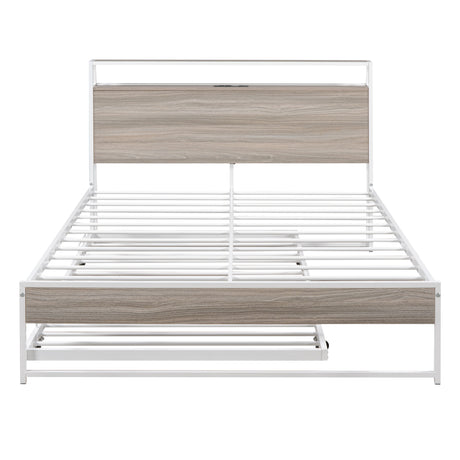 Full Size Metal Platform Bed Frame with Trundle, USB Ports and Slat Support No Box Spring Needed White - V.I.P Digital Presence