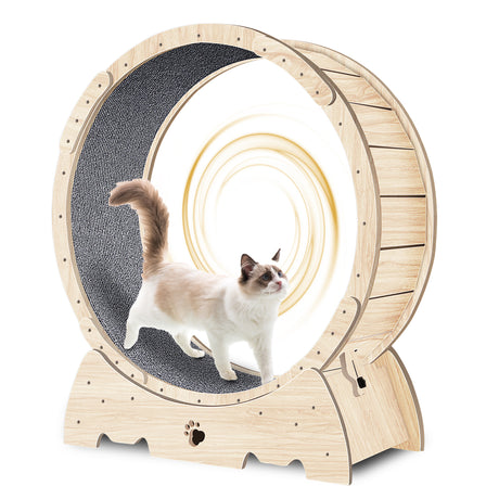Cat Exercise Wheel for Indoor Cats, Cat Running Wheel with Carpeted Runway 37" Natural Wood Color - V.I.P Digital Presence