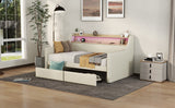 Twin Size Daybed with Storage Drawers, Upholstered Daybed with Charging Station and LED Lights, Beige - V.I.P Digital Presence