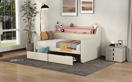 Twin Size Daybed with Storage Drawers, Upholstered Daybed with Charging Station and LED Lights, Beige - V.I.P Digital Presence