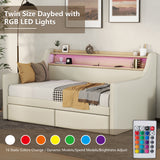 Twin Size Daybed with Storage Drawers, Upholstered Daybed with Charging Station and LED Lights, Beige - V.I.P Digital Presence