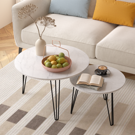 27.56'' Round Nesting Coffee Table Set of 2, Circular Nesting End Table Set Sturdy Metal Base for Living Room, bedroom, White - V.I.P Digital Presence