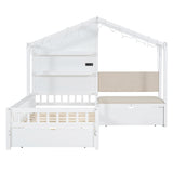 Twin Size House Bed with Upholstered Sofa, House Bed with Charging Station, Wireless Charging, Shelves and Two Drawers, White - V.I.P Digital Presence