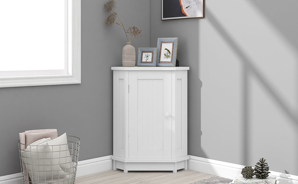 White Bathroom Cabinet Triangle Corner Storage Cabinet with Adjustable Shelf Modern Style MDF Board - V.I.P Digital Presence