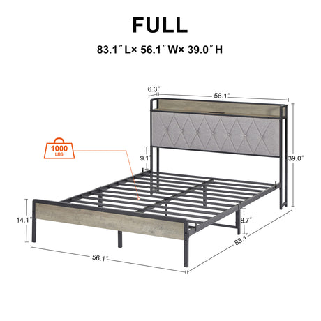 Bed frame with charging station full size, Grey, 83.1'' L x 56.1'' W x 39.2'' H. - V.I.P Digital Presence
