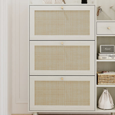 Natural Bohemian style shoe cabinet with 3 rattan flip drawers, 3 square shelves, and 1 storage drawer, white - V.I.P Digital Presence