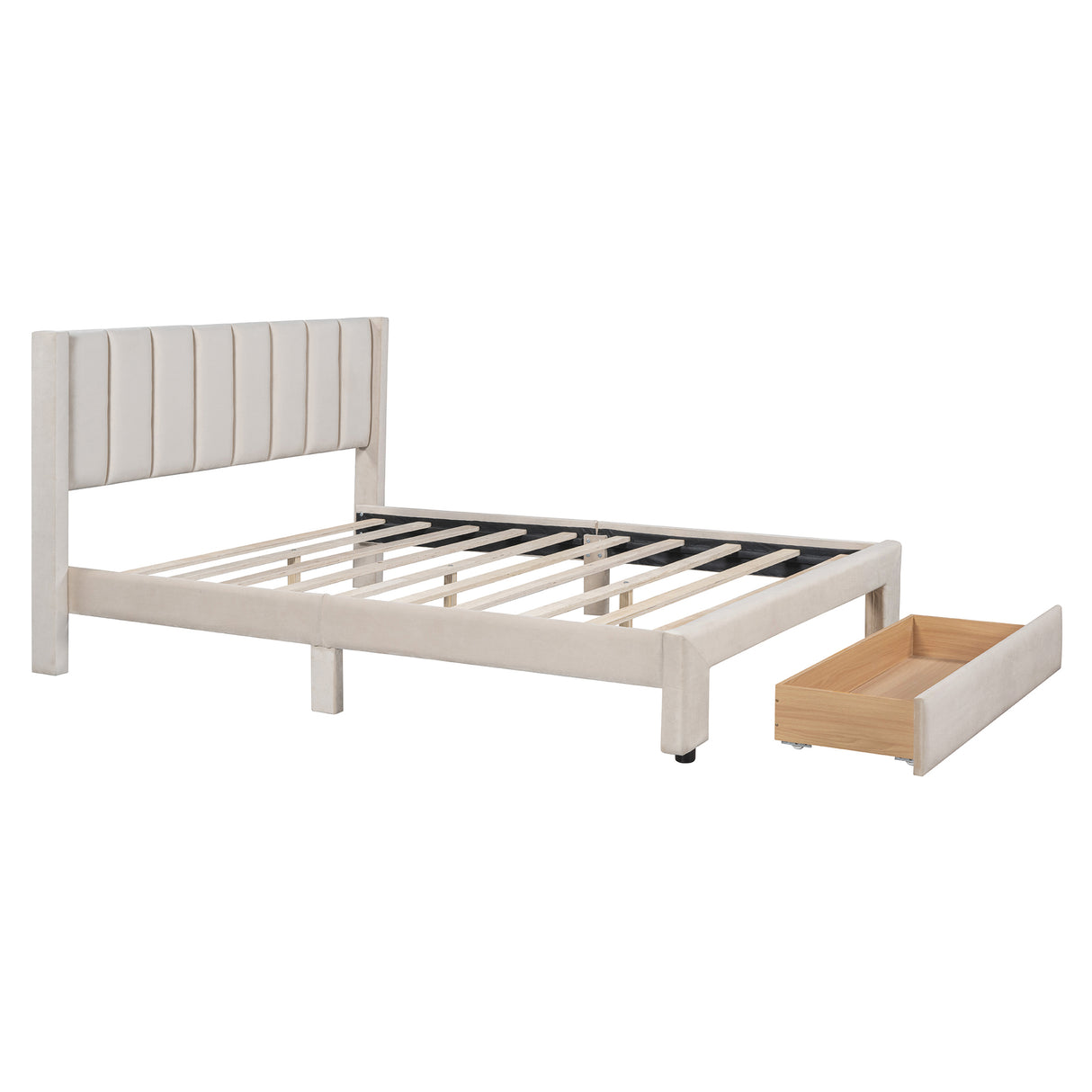 Queen Size Storage Bed Velvet Upholstered Platform Bed with a Big Drawer - Beige - V.I.P Digital Presence