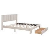 Queen Size Storage Bed Velvet Upholstered Platform Bed with a Big Drawer - Beige - V.I.P Digital Presence
