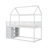 TWIN/TWIN HOUSE BUNK BED WITH SHELVES AND DRAWERS FOR WHITE COLOR - V.I.P Digital Presence