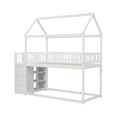 TWIN/TWIN HOUSE BUNK BED WITH SHELVES AND DRAWERS FOR WHITE COLOR - V.I.P Digital Presence