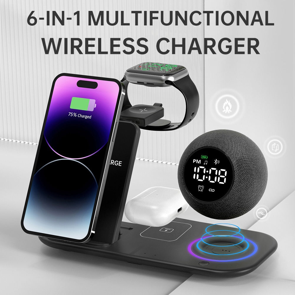 Six in one mobile phone watch headphones wireless charging clock alarm Bluetooth speaker night light - V.I.P Digital Presence