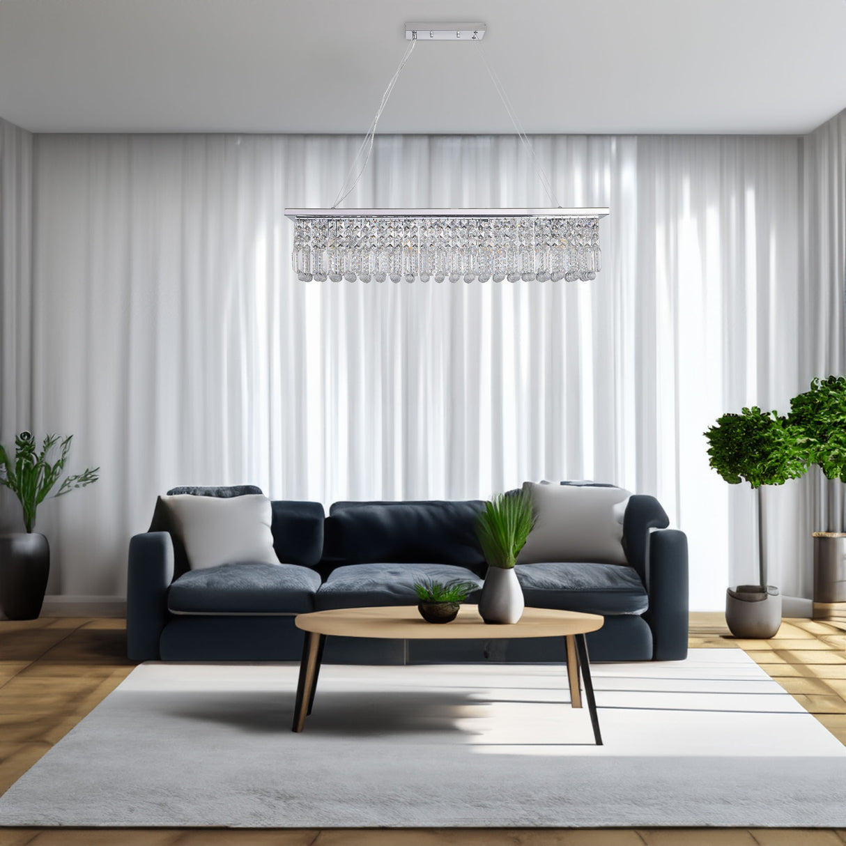 Modern Crystal Chandelier for Dining Room 8-Light White Rectangle Raindrop L39.4'' x W9.8'' x H8.7'(Bulb Not Included) - V.I.P Digital Presence
