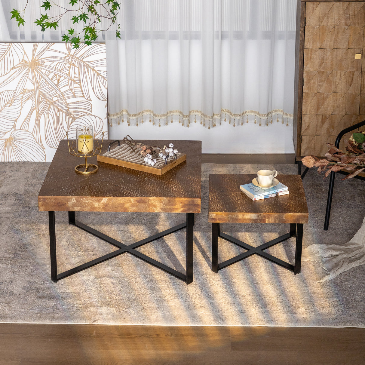 31.3"Modern Retro Splicing Square Coffee Table  Fir Wood Table Top with Cross Legs Metal Base (Set of 2 pcs )