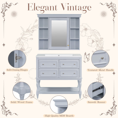 36'' Bathroom Vanity with Medicine Cabinet, Modern Mirror Cabinet with Adjustable Shelf, Bathroom Storage Cabinet with 4 Drawers - V.I.P Digital Presence