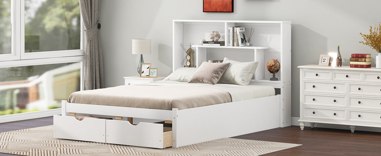 Full Size Platform Bed with Storage Headboard and 2 Drawers, White - V.I.P Digital Presence
