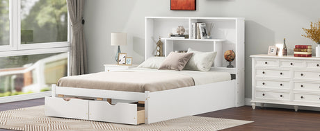 Full Size Platform Bed with Storage Headboard and 2 Drawers, White - V.I.P Digital Presence