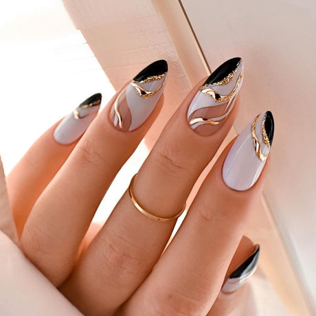 Almond-shaped French edge manicure, mandarin duck color gold corrugated fake nails finished product - V.I.P Digital Presence