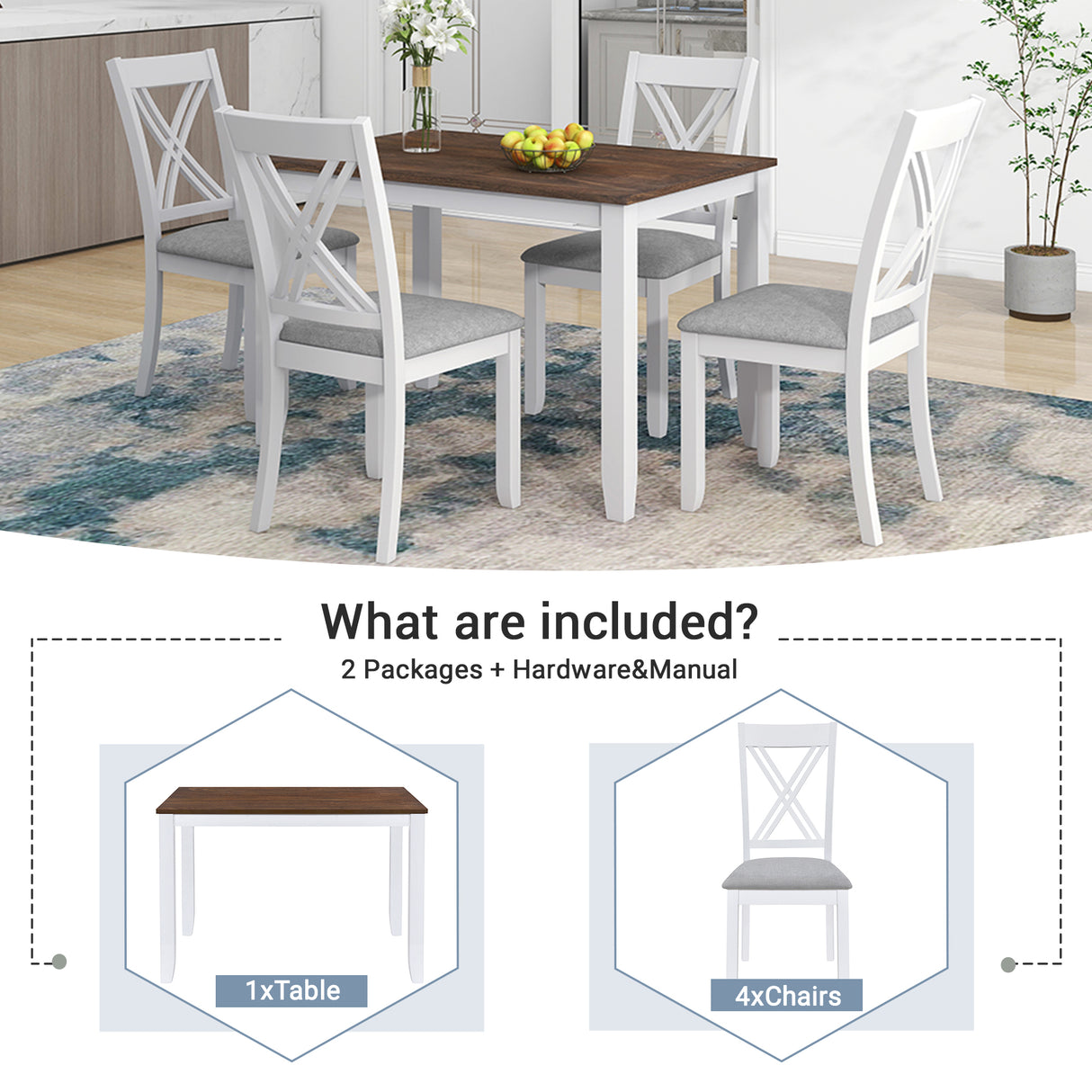 TOPMAX Rustic Minimalist Wood 5-Piece Dining Table Set with 4 X-Back Chairs for Small Places  White