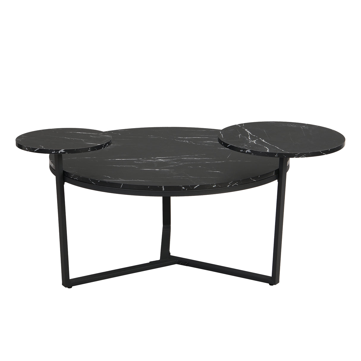 Modern coffee table with two display shelves, Black Faux marble surfaces, Tripod-inspired base,Rounded tabletop edges - V.I.P Digital Presence