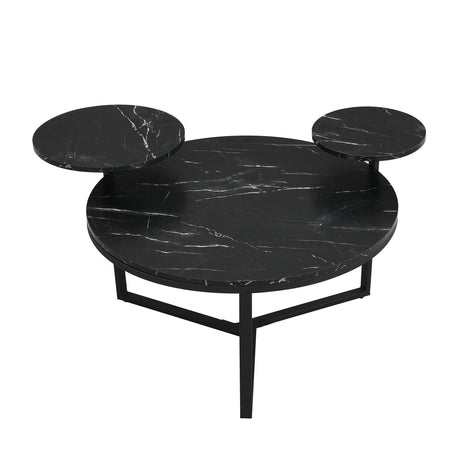 Modern coffee table with two display shelves, Black Faux marble surfaces, Tripod-inspired base,Rounded tabletop edges - V.I.P Digital Presence