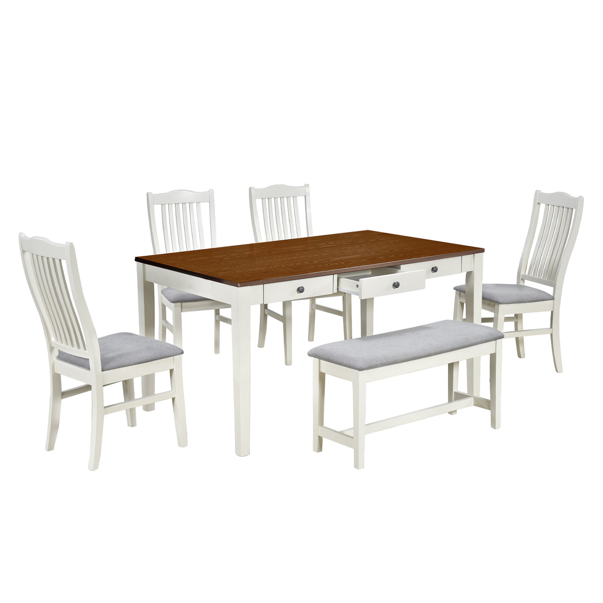 TOPMAX Mid-Century 6-Piece Wood Dining Table Set, Kitchen Table Set with Drawer  Upholstered Chairs and Bench  Butter Milk