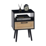 15.75" Rattan End table with drawer and solid wood legs Modern nightstand side table for living room black - V.I.P Digital Presence